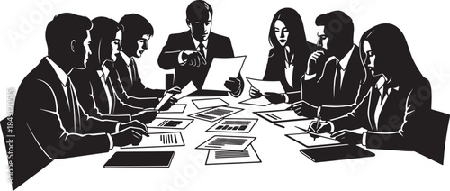 Black Solid Report Budget Review Silhouettes Set of Six on White Background