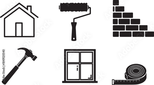 Black Solid Renovation and Residential Building Silhouettes Set of Six