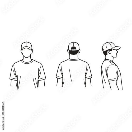 A clean vector sketch illustration of a half body male figure wearing a plain cap and T shirt shown from front back and side views