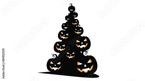 Halloween pumpkin pyramid jack-o-lanterns stacked in triangular tower with glowing orange lights on white background for spooky holiday decoration