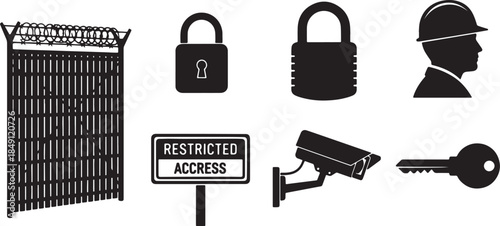 Black Solid Construction Site Security and Access Silhouettes Set of Six on White