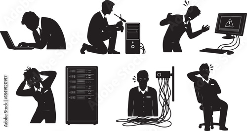 Black Solid Technical Troubleshooting Silhouettes Set of Six on White Background