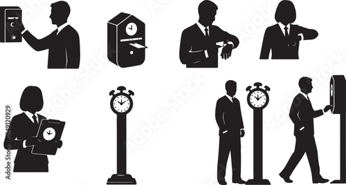 Black Solid Time Clock Punch Silhouettes Set of Six on White Background