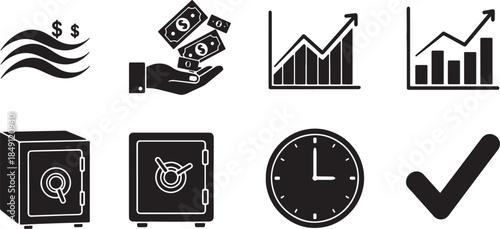 Black Solid Treasury Management Cash Flow Silhouettes Set of Six on White Background