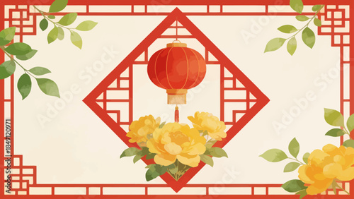 Red lantern with yellow flowers and green leaves