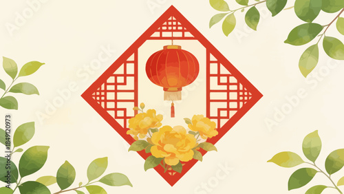 Red lantern with yellow flowers and green leaves