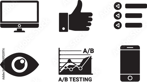 Black Solid User Experience UX Interface Design Silhouettes Set of Six on White Background