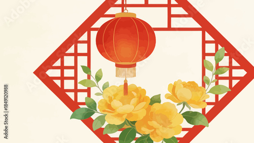 Red lantern and yellow flowers in frame
