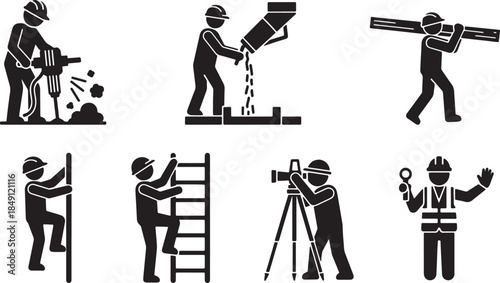 Black Solid Construction Worker Heavy Duty Action Silhouettes Set of Six on White