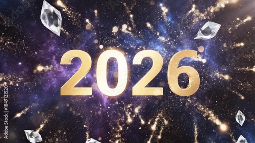 Sparkling Diamonds and Golden Year 2026 in Cosmic Nebula Explosion Animation