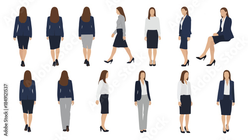 Comprehensive set of flat vector illustrations featuring a business woman character in various standing, walking, and sitting poses, wearing formal office attire and carrying a bag, ideal for corporat