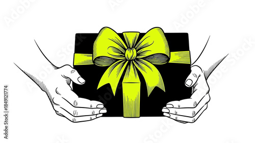 Hands presenting a beautifully wrapped gift with a large yellow bow