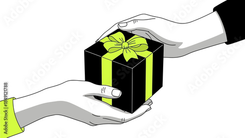 Hands exchanging a gift with a black and green bow