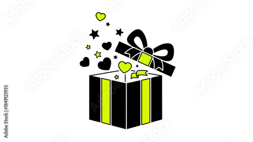 Vibrant gift box with hearts and stars bursting out