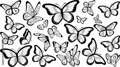 Butterflies fluttering in various directions on white background