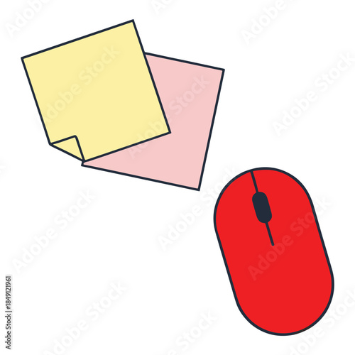 Red computer mouse with two blank sticky notes desktop vector illustration