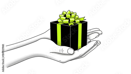 Hand holding a beautifully wrapped gift box with green ribbon