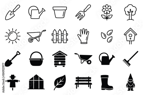 Gardening tools and nature elements line icons set a comprehensive vector illustration