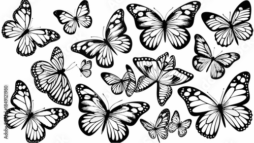Beautiful butterflies flying in various directions on white background