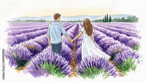 Romantic couple walking hand in hand through a beautiful purple lavender field at sunset with mountains in the background