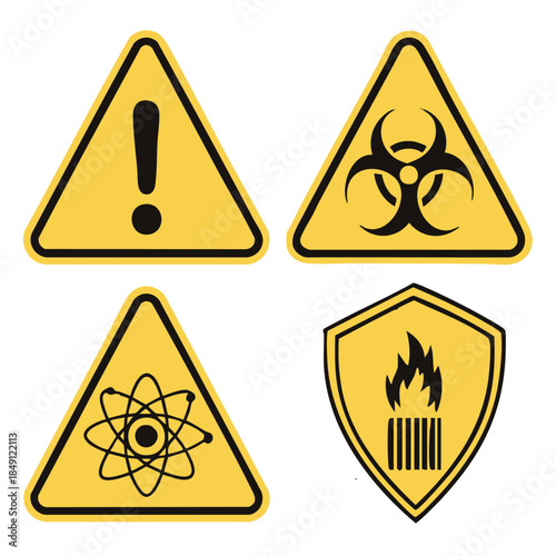 Collection of warning signs for various hazards including general, biohazard, radiation, fire