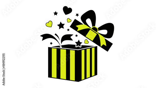 Vibrant gift box opening with joyful stars and hearts