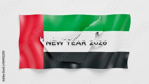 United arab emirates flag waving with map outline and new year 2026 text