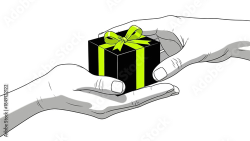 Hands exchanging a gift with a green ribbon