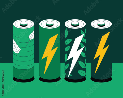 Eco green battery power illustration showing sustainable energy cells with leaf and lightning symbols for renewable electricity and clean technology concepts
