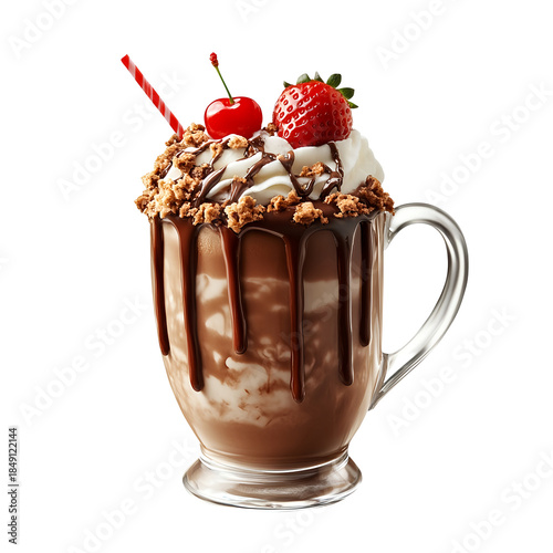 Decadent Chocolate Milkshake with Whipped Cream and Berries on a transparent background