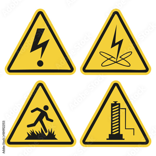 Set of warning signs for various hazards including electrical, radiation, tripping, antenna