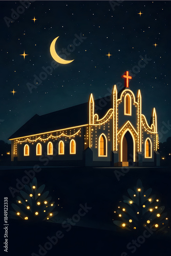 Retro mid-century Christmas church illustration with festive lights under glowing stars
