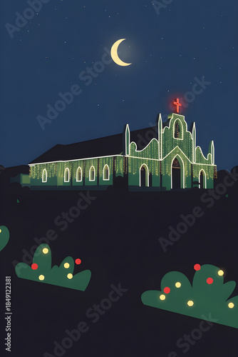 Retro mid-century Christmas church illustration with festive lights glowing in the night - Dark green