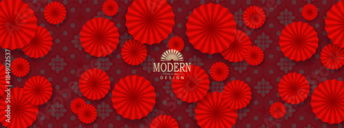 Exquisite red textured background with Chinese red fans.