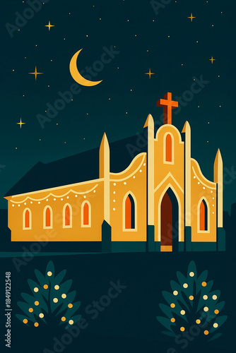 Retro mid-century Christmas church illustration with festive lights under starry night - Warm golden