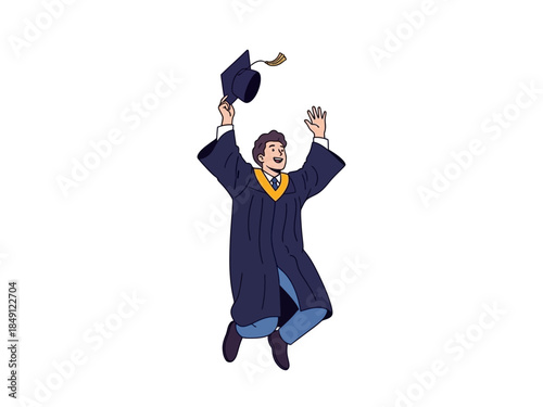 Joyful male graduate in cap and gown leaping while holding mortarboard