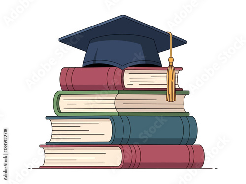 Stack of four books topped with a blue graduation cap and tassel