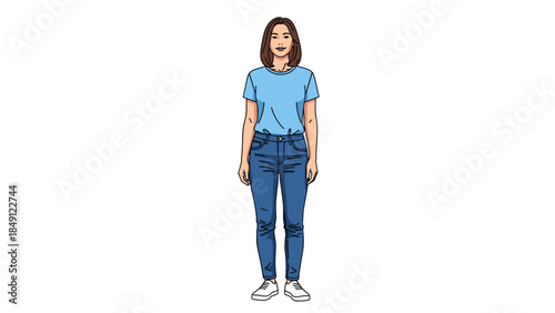 Casual Young Woman in Blue Short Sleeve Top and Jeans