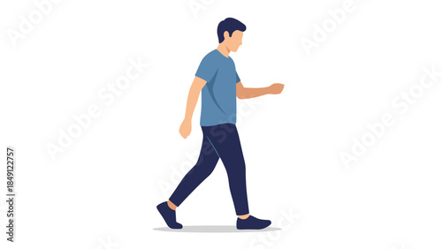Young Man Walking Casually in Blue Shirt and Dark Pants