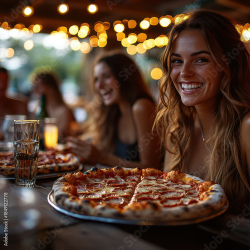 Woman sitting at table with pizza.
