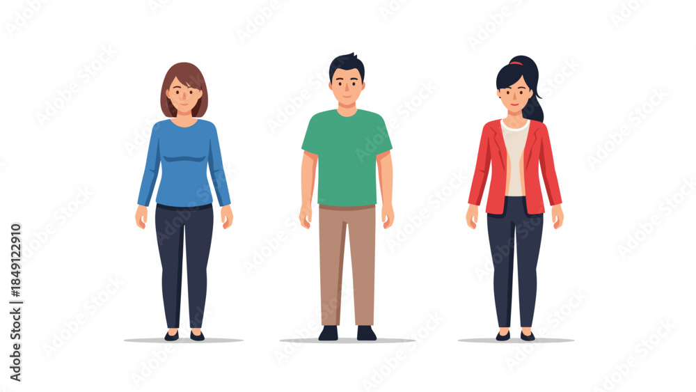 Fototapeta premium Three Flat Design Characters Standing Side by Side in Casual Attire