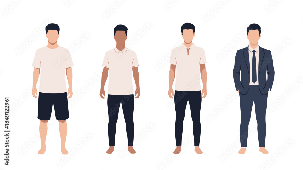 Fototapeta premium Four Men in Casual and Formal Attire Standing in a Row