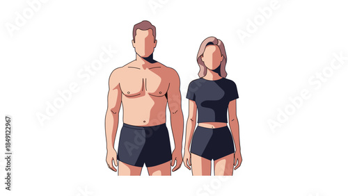 Cartoon Man and Woman in Athletic Wear Standing Side by Side