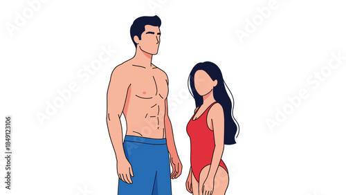 Shirtless Man and Woman in Swimwear Standing Together