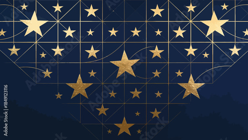Golden stars on blue grid pattern