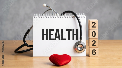 A notepad with 'HEALTH' alongside a stethoscope, red heart, and '2026' blocks, representing future medical planning and wellness goals