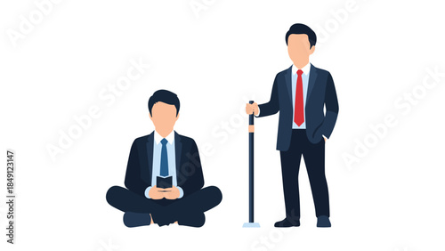 Businessmen, One Standing with Cane, Other Sitting with Phone