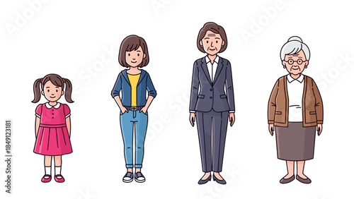 Four Generations Family Illustration in Casual and Formal Attire