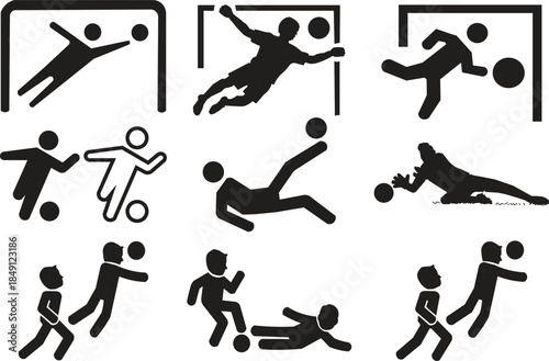 Dynamic Soccer Action and Goalkeeping Icon Set, Football Player Defending, Goalkeeper Saving Soccer Ball, Athletic Movement in Football Play
