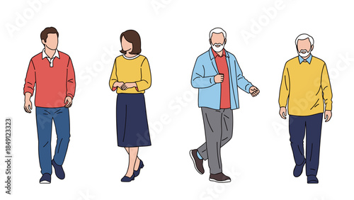 Four Stylish Individuals Walking in Colorful Casual Attire